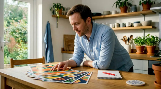 Person reviewing printed yard sign samples at desk