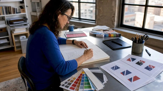 Designer sketching lawn sign layouts at desk