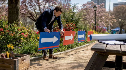 Event planner setting up outdoor directional signs