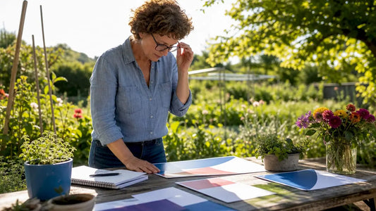 Woman reviewing printed custom yard signs at home studio