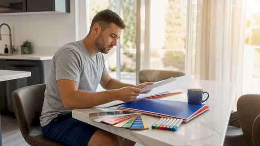 Small business owner designing yard sign samples at desk