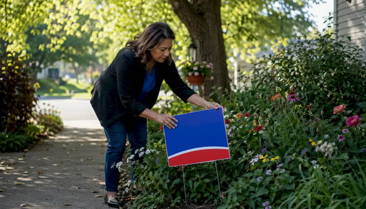 Woman placing political yard sign outside home