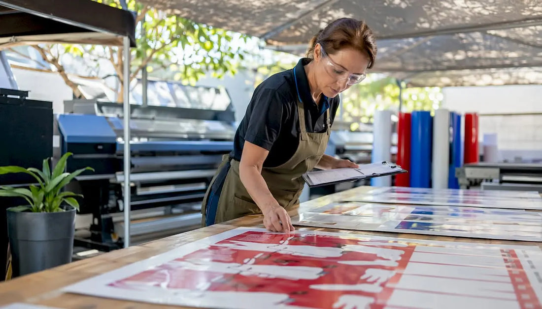 Print manager inspecting freshly printed vinyl signs