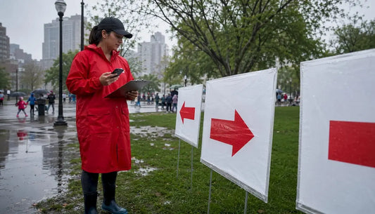 Event planner inspecting rain-proof signs outdoors