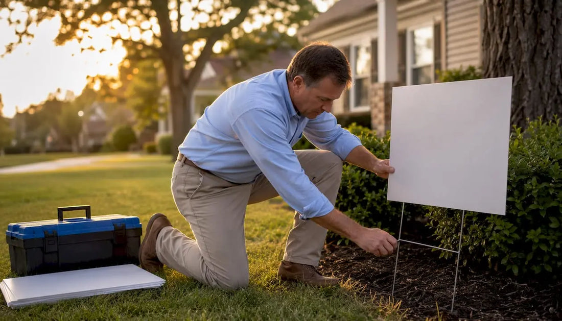 Man installing wire stake in yard sign