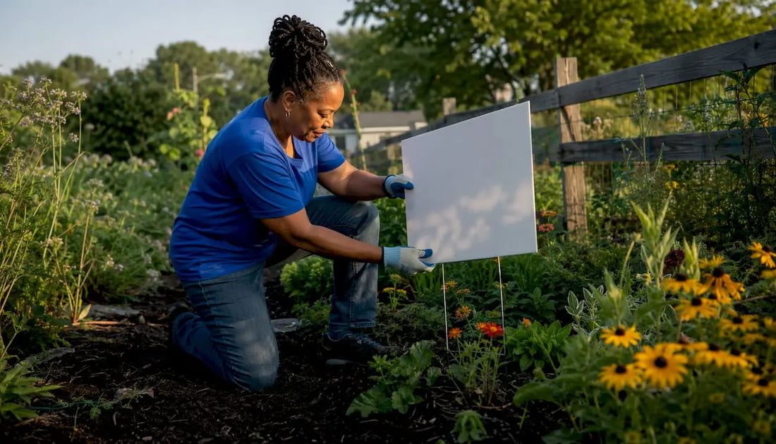 Person installing lawn sign in residential yard