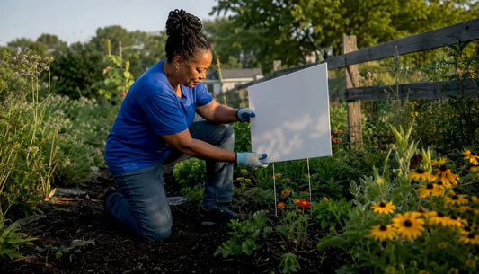 Person installing lawn sign in residential yard
