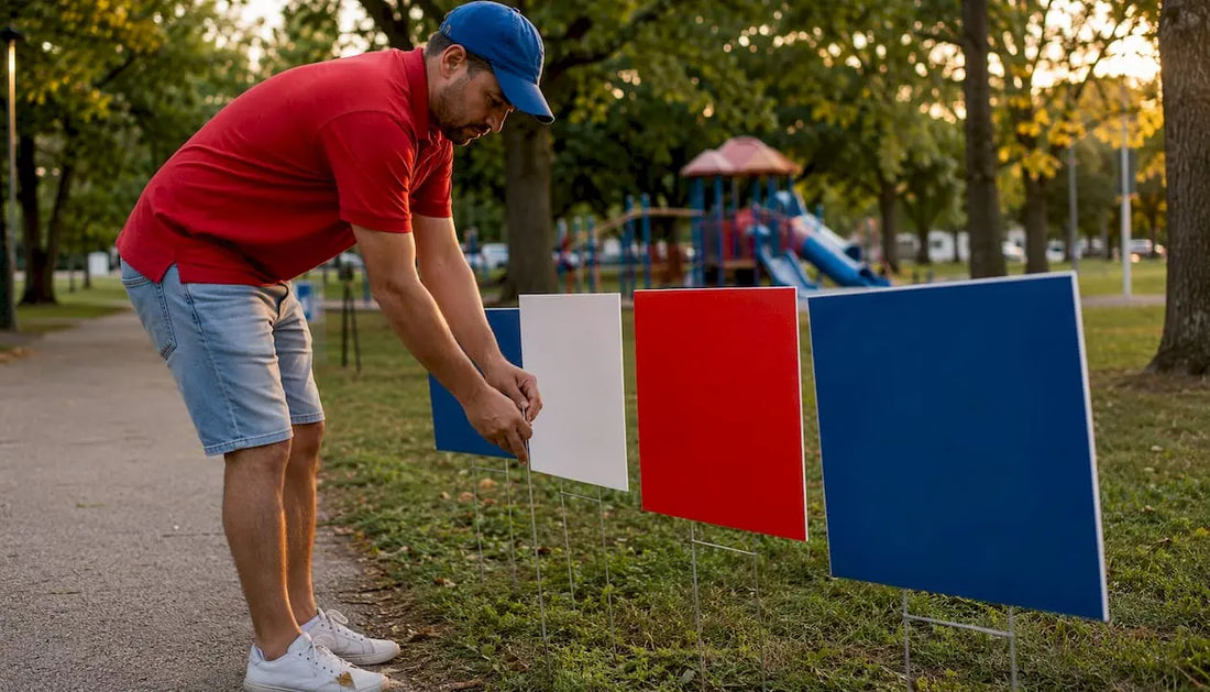 Campaign manager adjusting yard sign outdoors