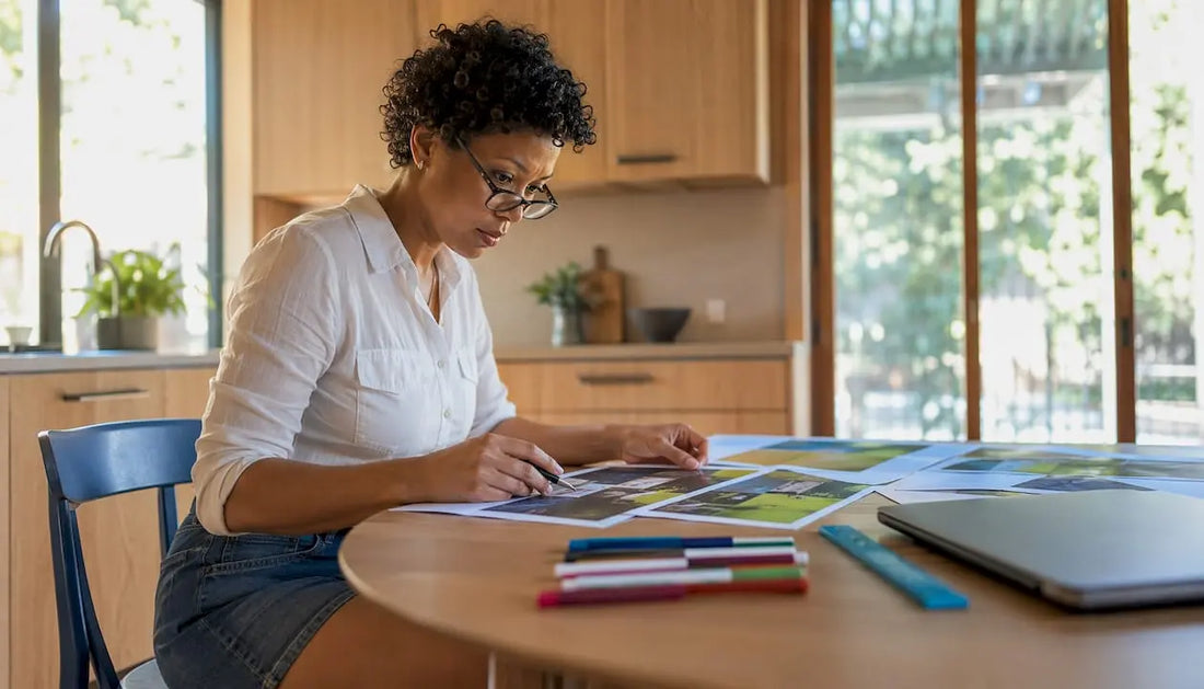 Woman reviewing printed lawn sign designs at desk