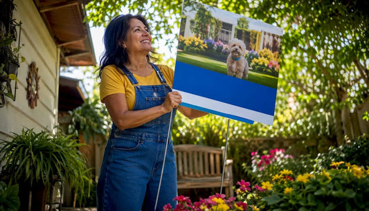 Small business owner with custom yard sign