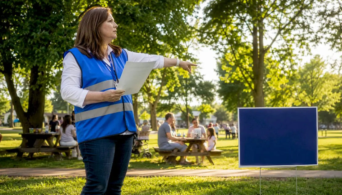 Election official checking polling place sign compliance