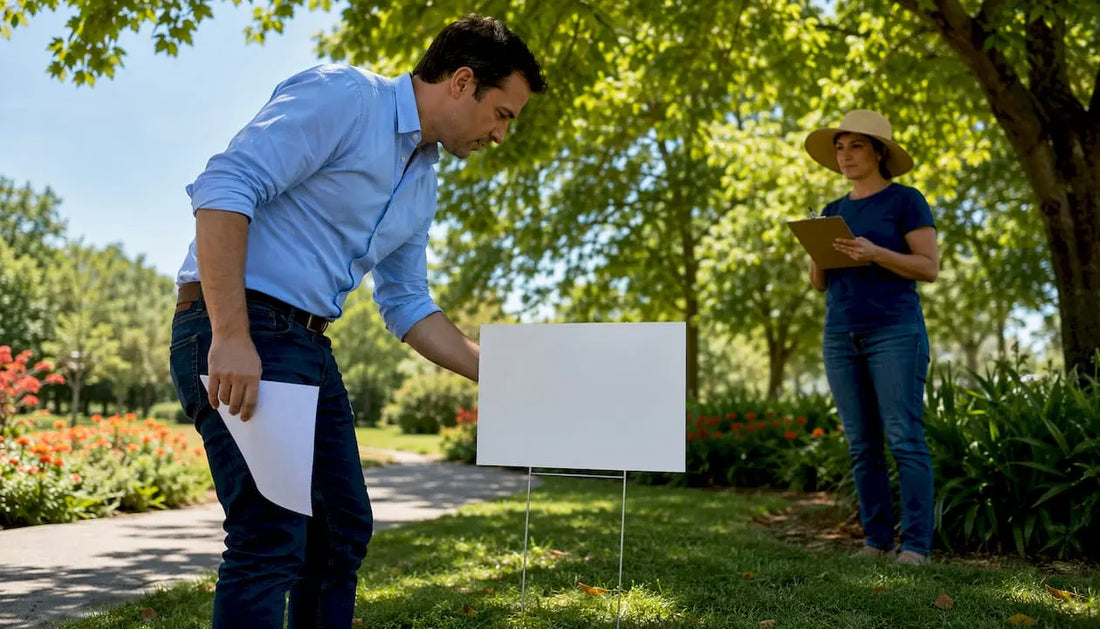 Candidate inspecting campaign yard sign outdoors