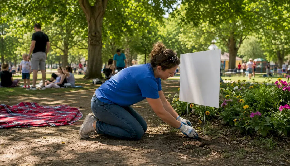 Volunteer planting yard sign outdoors
