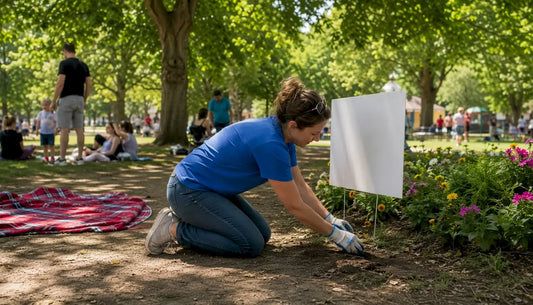 Volunteer planting yard sign outdoors