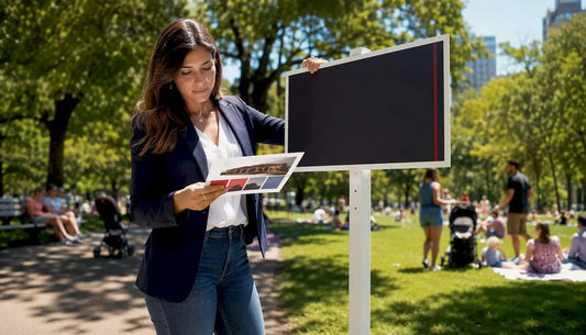 Real estate agent holding a for sale sign outdoors