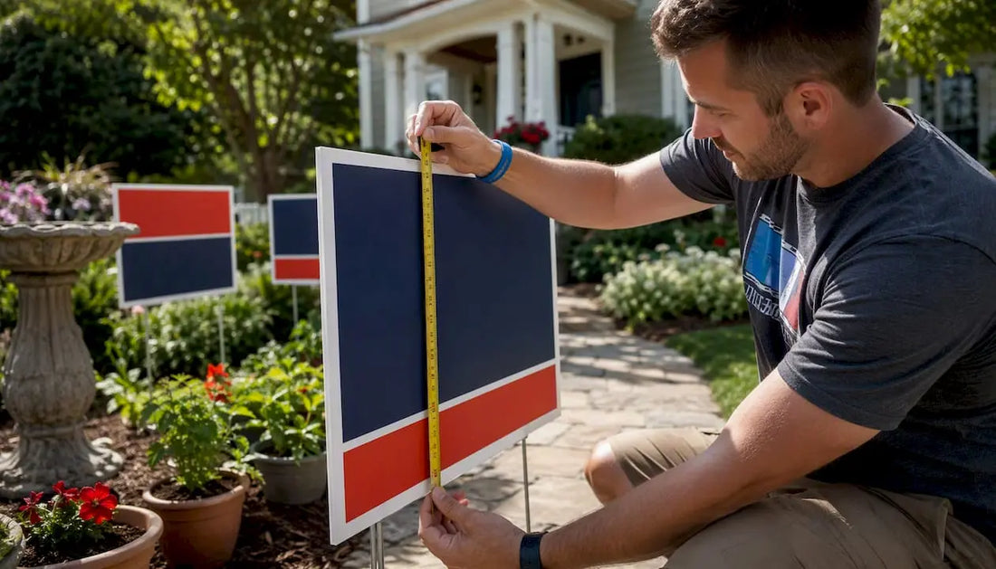 Real estate agent measuring sign outdoors