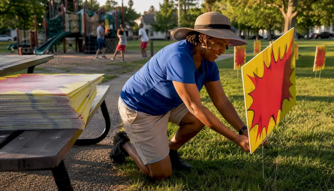 Woman placing yard signs outdoors
