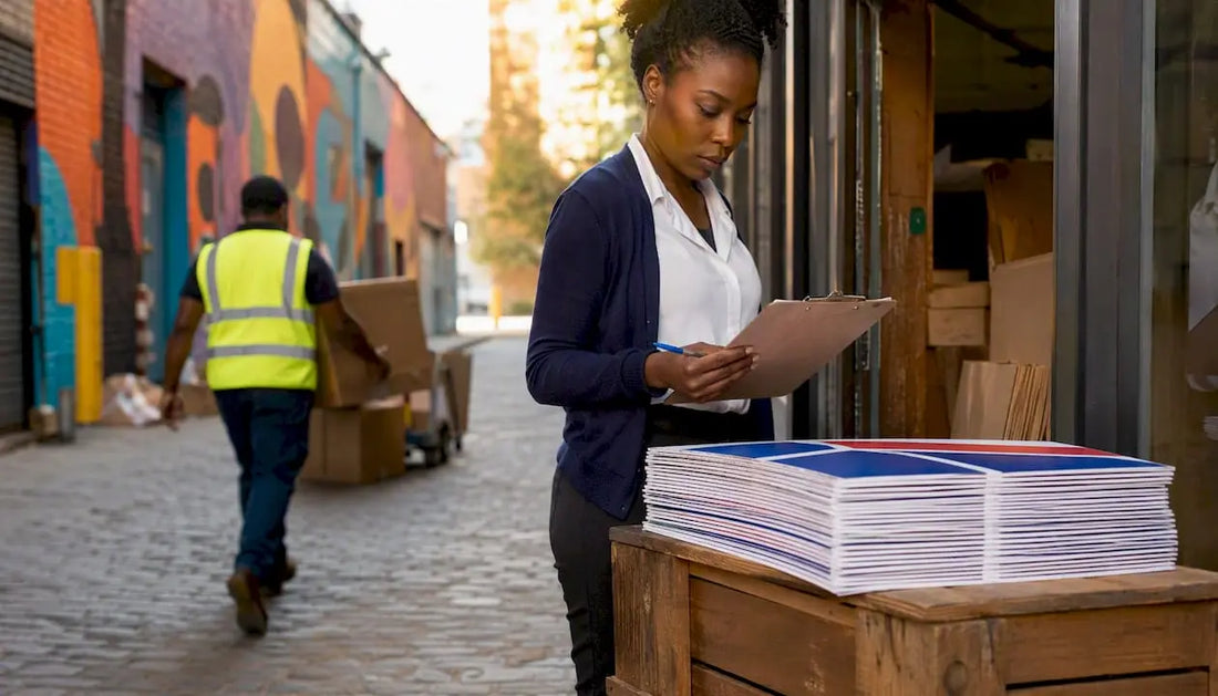 Woman inspecting yard sign order outdoors