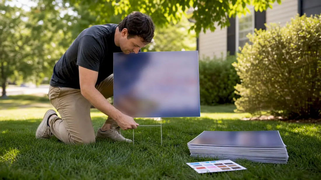 Hands installing yard sign on lawn