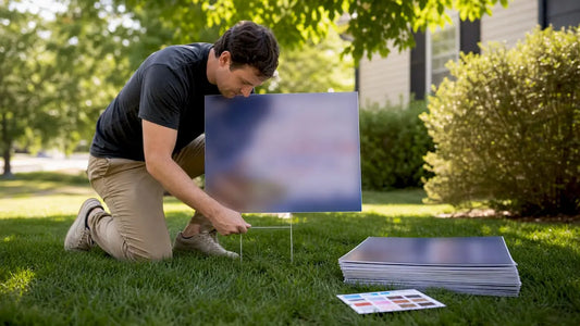 Hands installing yard sign on lawn