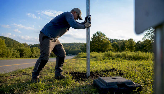 Worker installing windproof yard sign frame outdoors