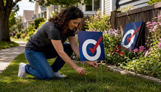 Hands installing a yard sign stake outdoors