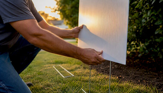 Hand installing heat-resistant yard sign outdoors