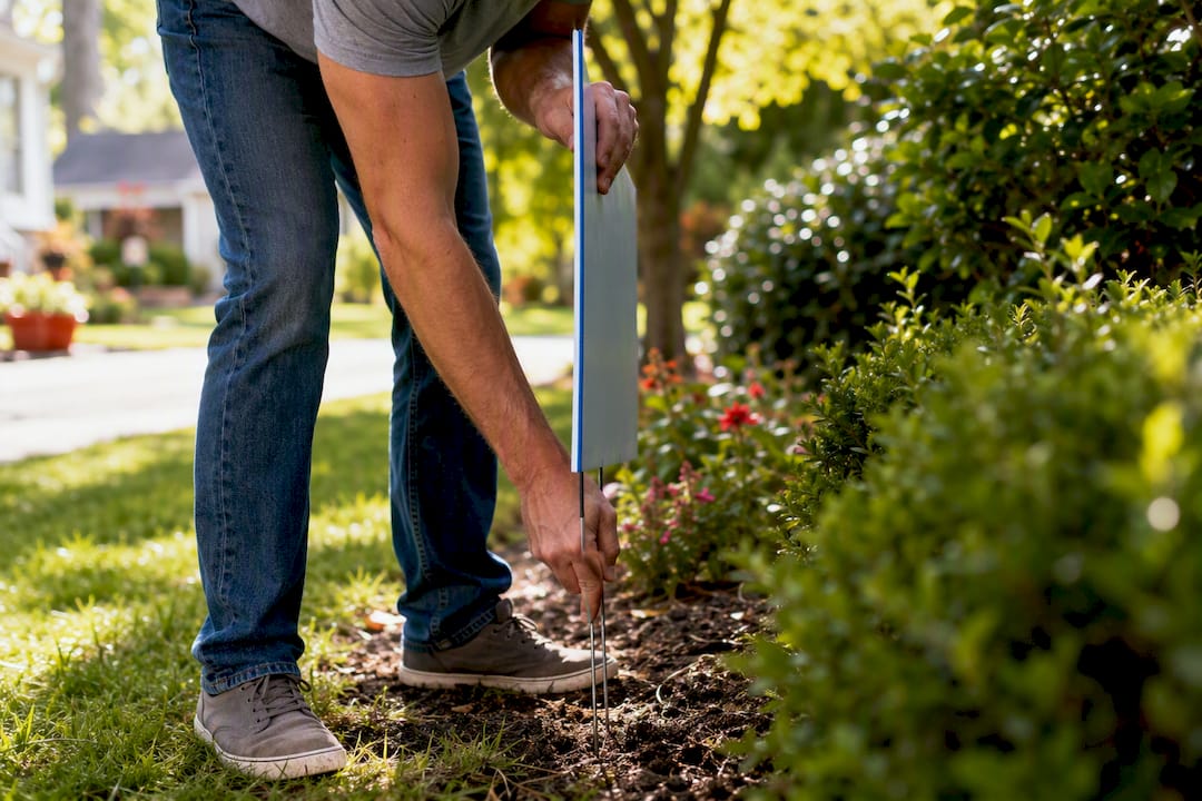 Hands installing lawn sign stake in yard
