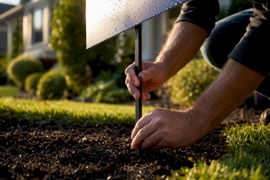 Close-up of hands installing waterproof yard sign outdoors