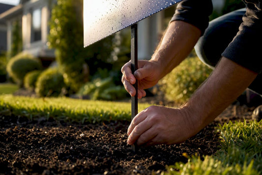 Close-up of hands installing waterproof yard sign outdoors