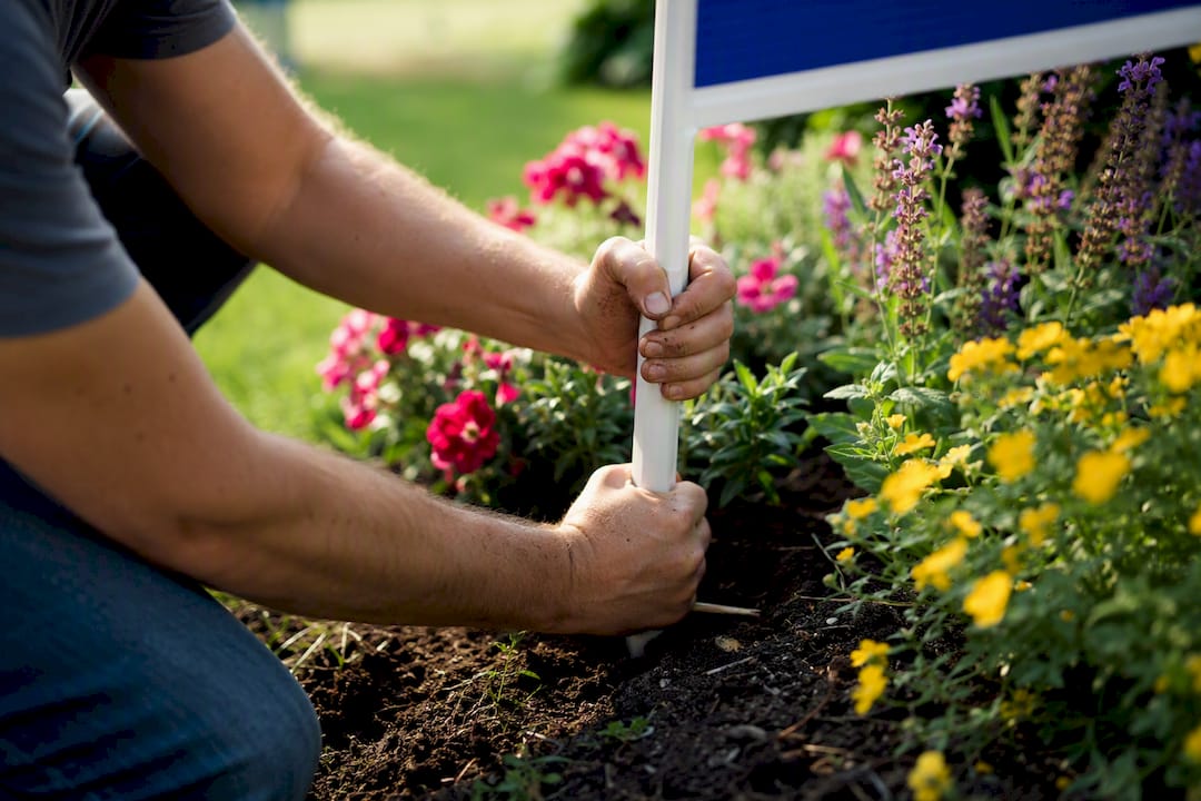 Hands installing a yard sign stake in lawn