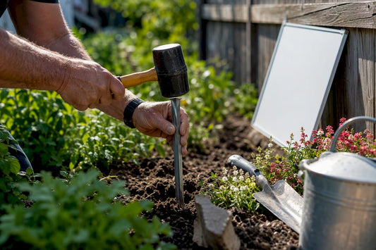 Hands angling yard sign stake in lawn soil