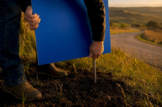 Hands installing yard sign with metal stake