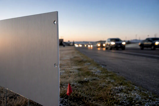Cropped yard sign beside busy roadway