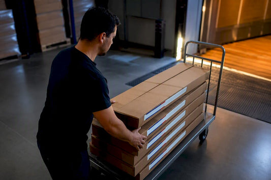 Worker loading rush sign shipment cartons