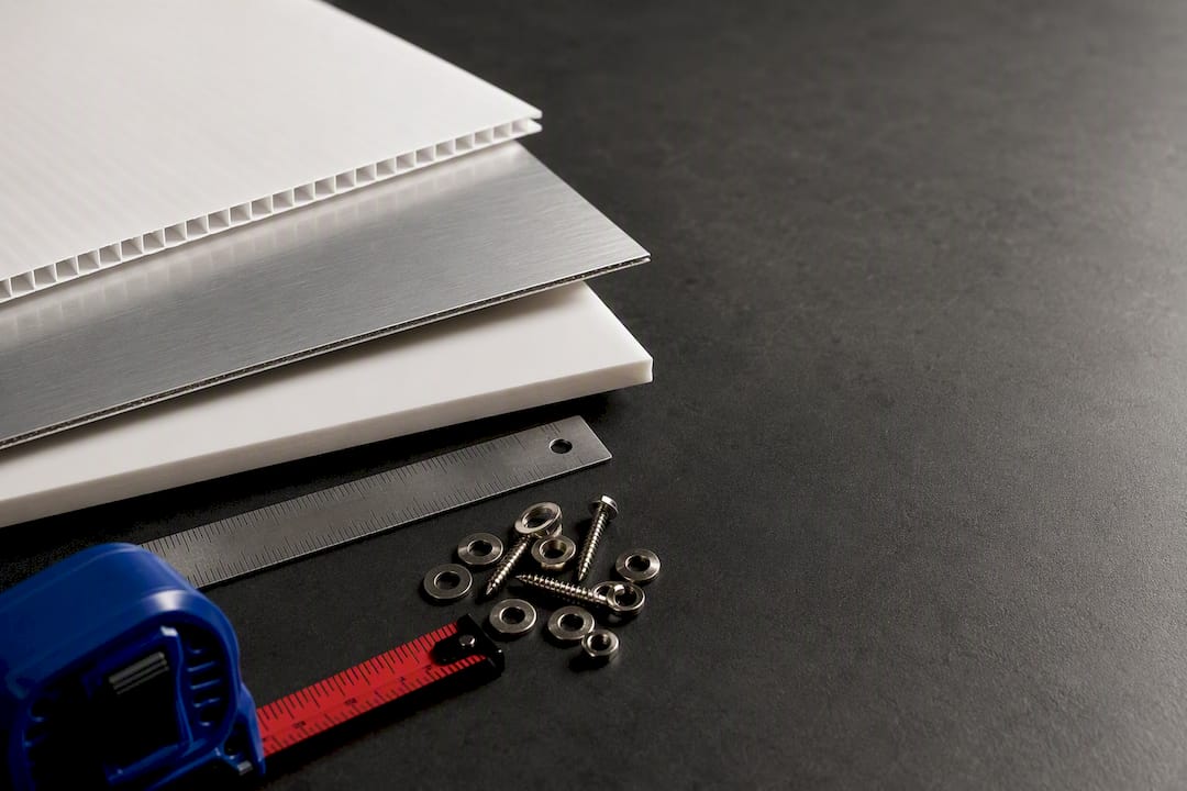 Close view of sign materials and measuring tools
