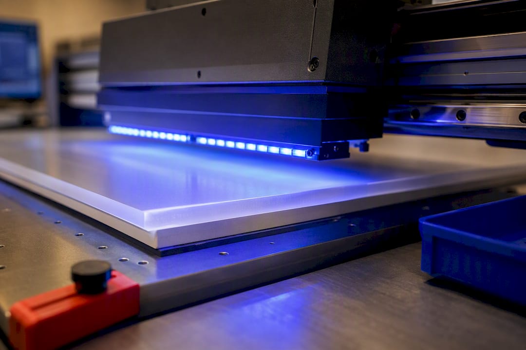 UV lamps curing ink on rigid substrate