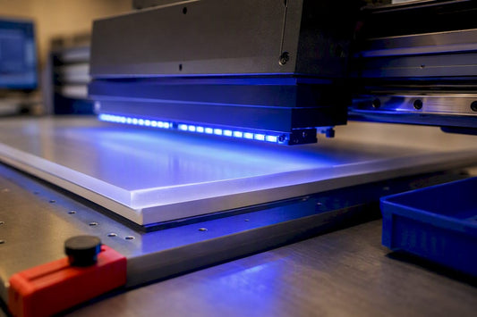 UV lamps curing ink on rigid substrate