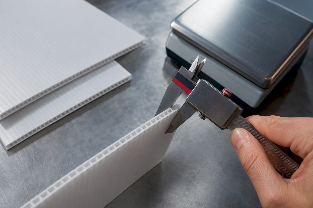 Measuring corrugated plastic sheet thickness