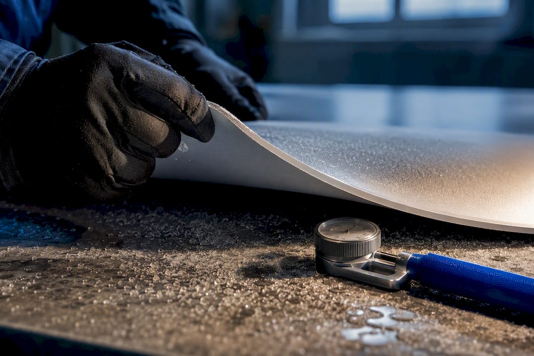 Technician inspecting sign material in freezing conditions