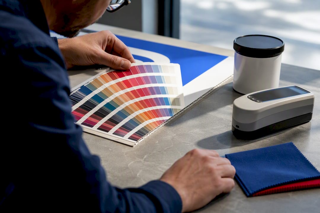 Technician comparing physical color swatches