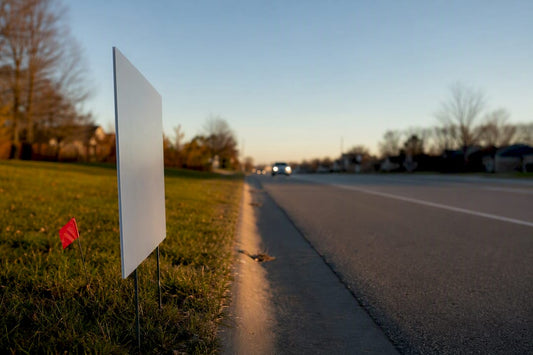 Wide yard sign beside suburban road
