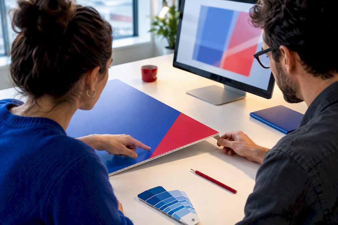 Designer reviewing an unbranded sign proof