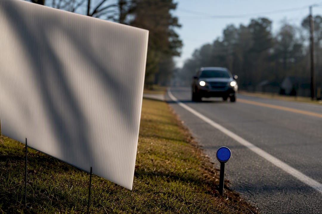 Cropped yard sign beside approaching roadway