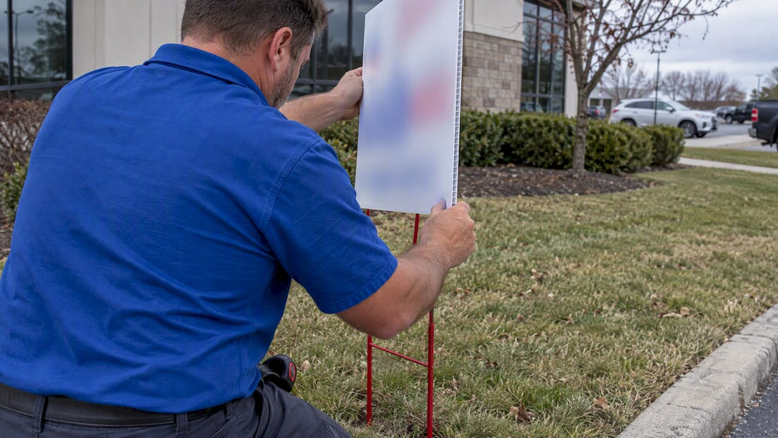 Installer positioning Coroplast sign with vertical flutes
