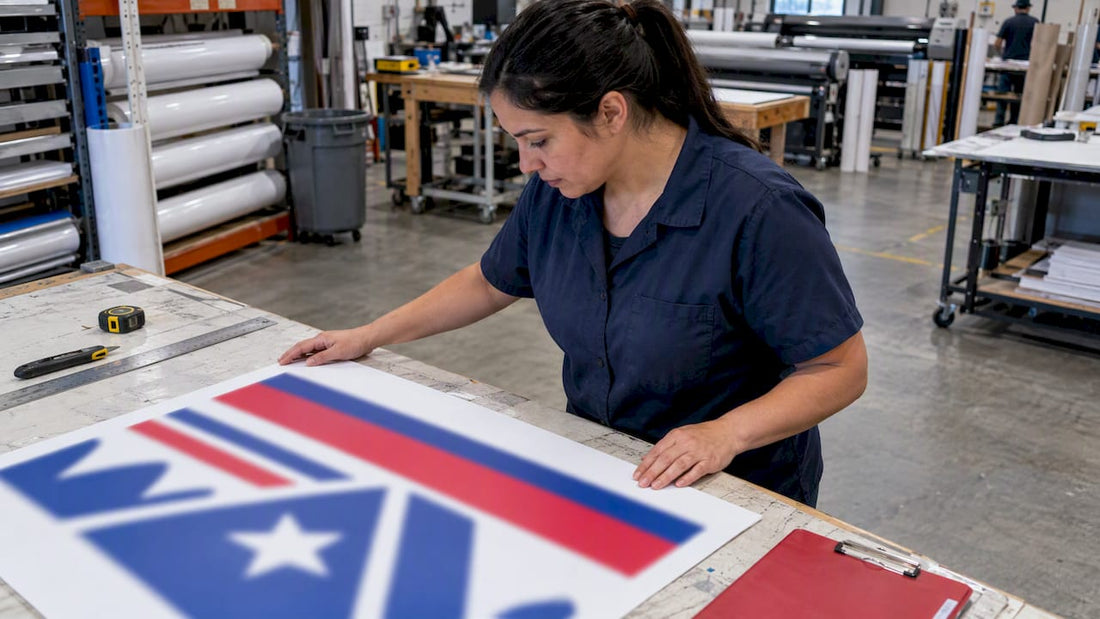 Technician inspecting a full-size yard sign proof