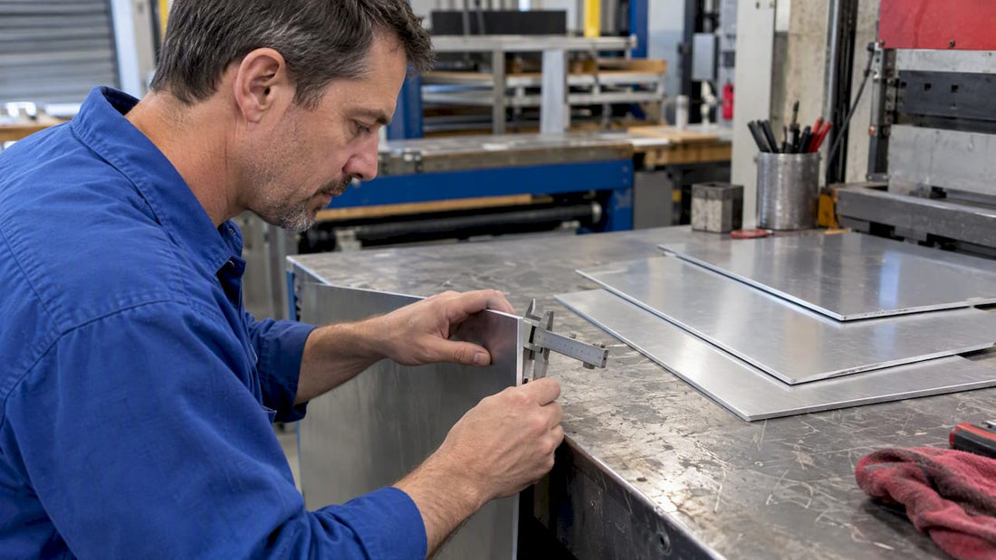 Technician measuring an aluminum sign panel