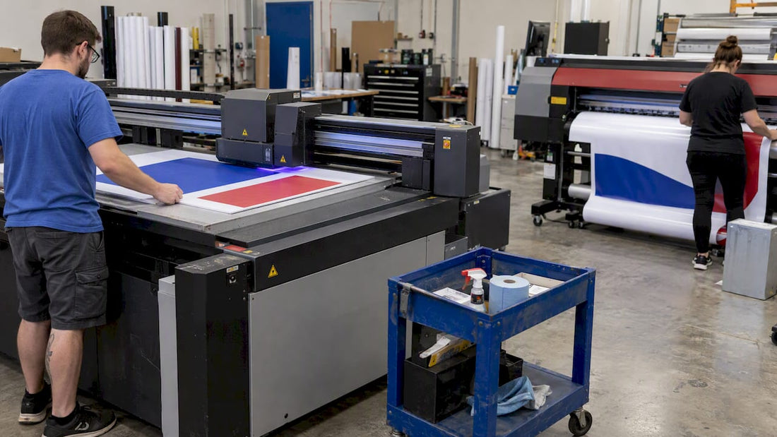 Flatbed and roll printers handling sign materials