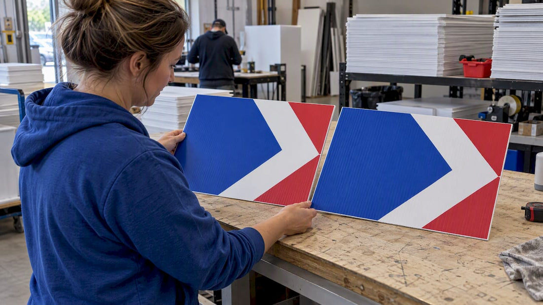 Two printed yard sign samples being compared