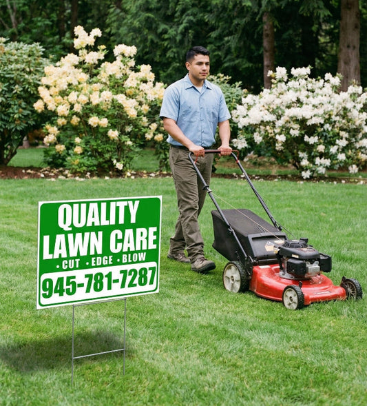 Man mowing lawn with red lawn mower equipment. 